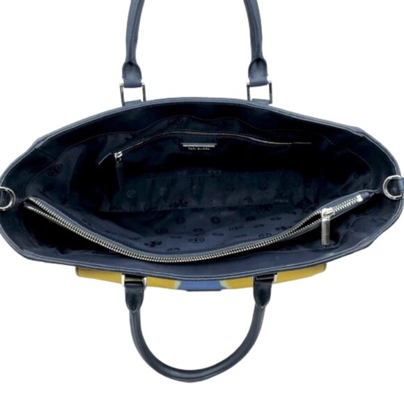 TORY BURCH~T LOCK STRAW TOTE~Navy Yellow TOP HANDLE 3 COMPARTMENT LARGE BAG - Picture 6 of 7